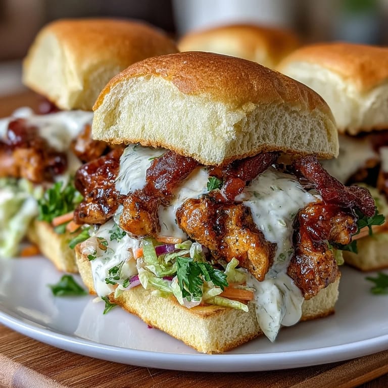 Tender shredded BBQ chicken and crisp coleslaw served on slider buns, a festive summer recipe.  