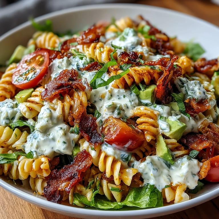 Colorful BLT Pasta Salad with Bacon and Avocado, showcasing creamy avocado chunks, crisp lettuce, and golden bacon atop al dente pasta.