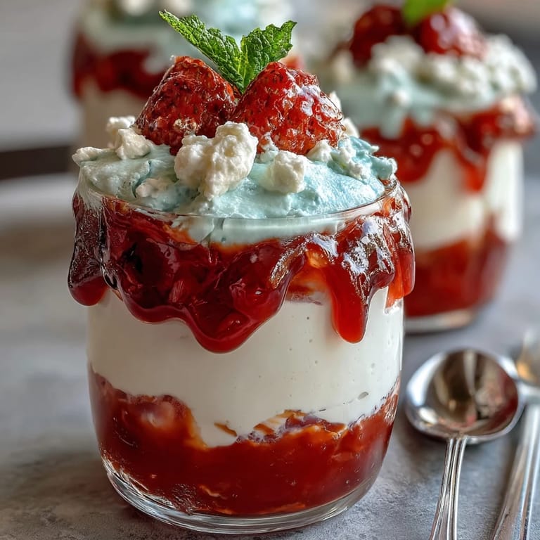 Vibrant red, white, and blue Jello cups layered in clear glasses, chilled and ready for summer parties.