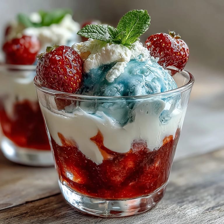 Festive layered Jello cups in red, white, and blue stripes, garnished with whipped cream and fresh fruit.