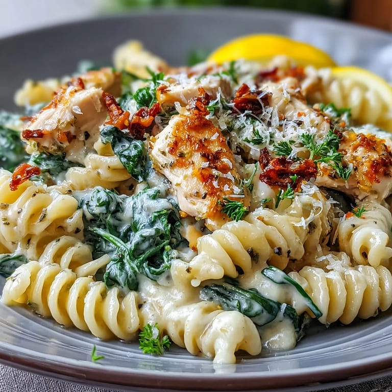 Zesty lemon orzo with tender chicken and wilted spinach, served in a comforting, creamy sauce.  