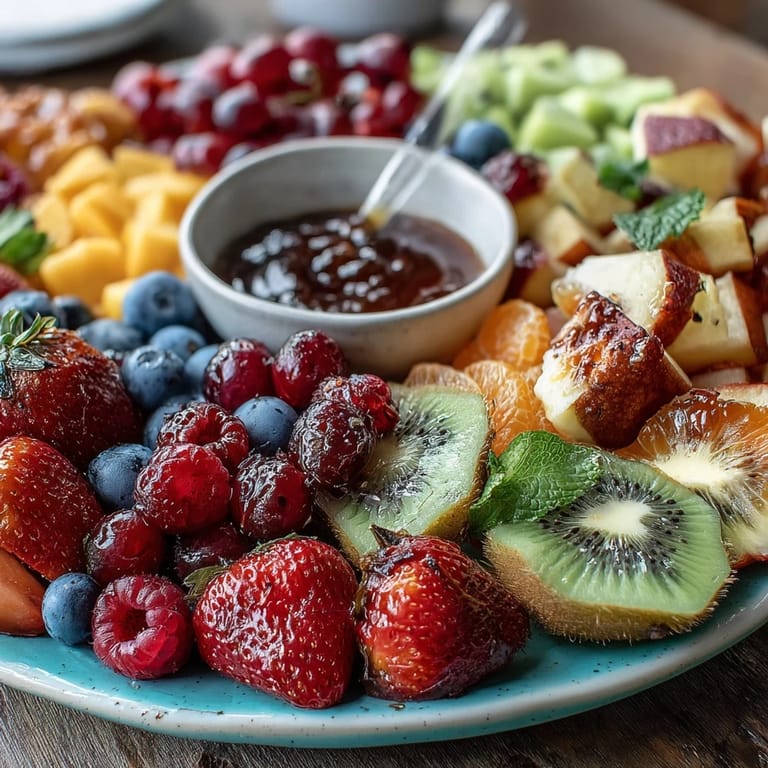 Colorful spring fruit table platter featuring grapes, mango, and apple slices alongside a bowl of tangy lemon-honey yogurt sauce.
