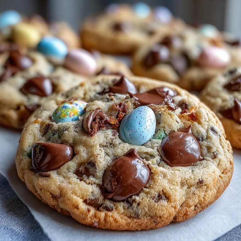 2. Festive Cadbury Mini Egg chocolate chip cookies with crunchy candy shells and gooey chocolate, perfect for Easter dessert tables.  