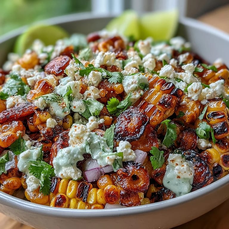 A colorful bowl of Mexican Street Corn Salad, featuring smoky grilled corn, spicy jalapeño, and zesty lime cream.