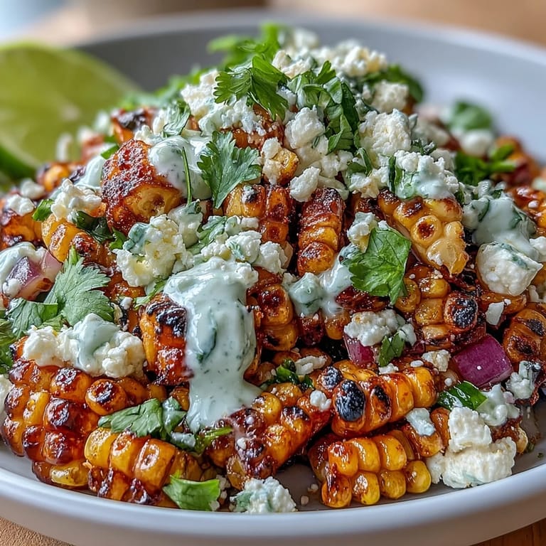 Vibrant Mexican Street Corn Salad tossed with red bell pepper, red onion, and crumbled Cotija cheese for a perfect summer side.