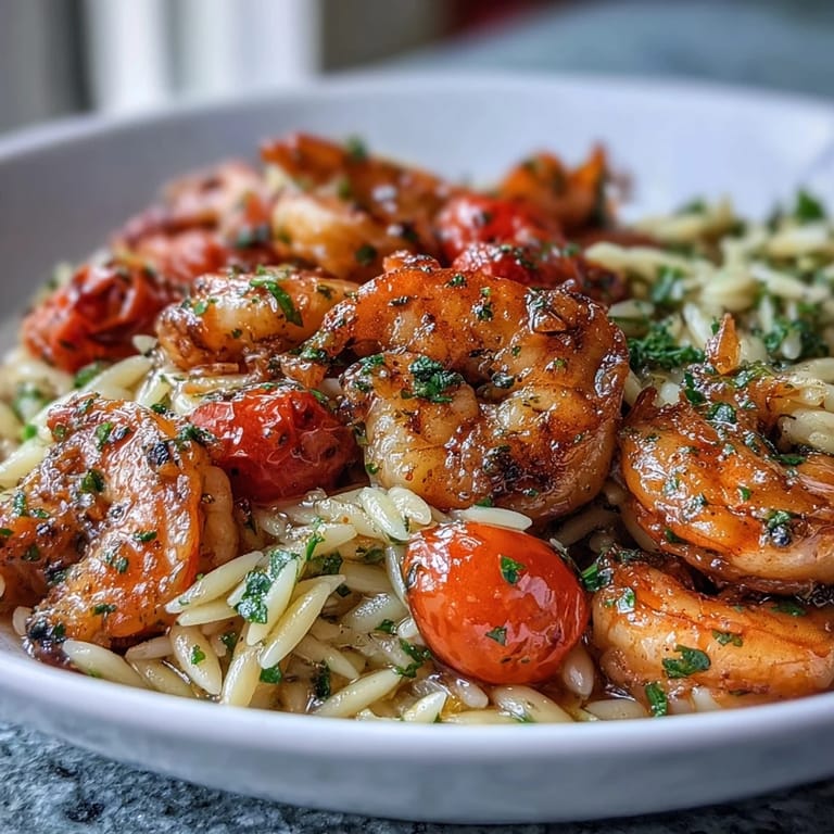 Bright lemon butter shrimp and orzo pasta dish with cherry tomatoes and zucchini in a single skillet.