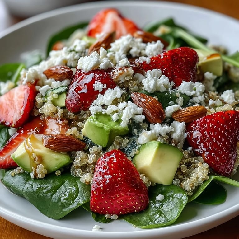 Healthy strawberry avocado quinoa salad with bright greens, protein-rich quinoa, and sweet berries tossed in tangy lemon-honey dressing.