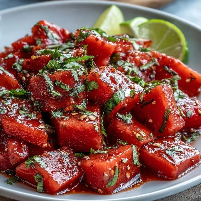 Zesty Tajin-seasoned watermelon wedges with a squeeze of lime create a colorful, refreshing appetizer bursting with flavor.