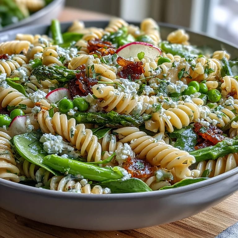 Colorful spring pasta salad with lemon dressing, sliced radishes, and green vegetables, perfect for picnics.