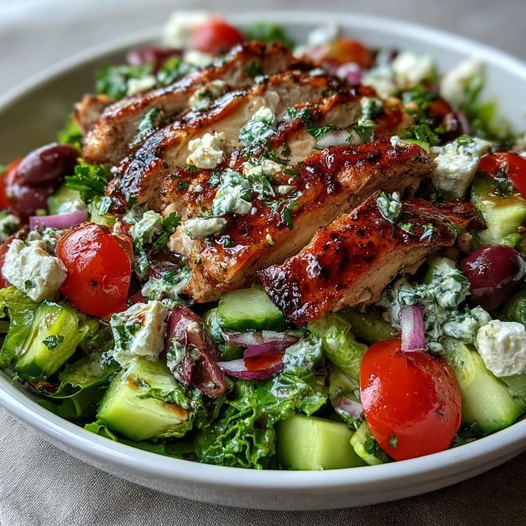 Grilled chicken breast slices rest on a bed of crisp Romaine, juicy tomatoes, cucumbers, and olives, finished with tangy feta cheese crumbles.  