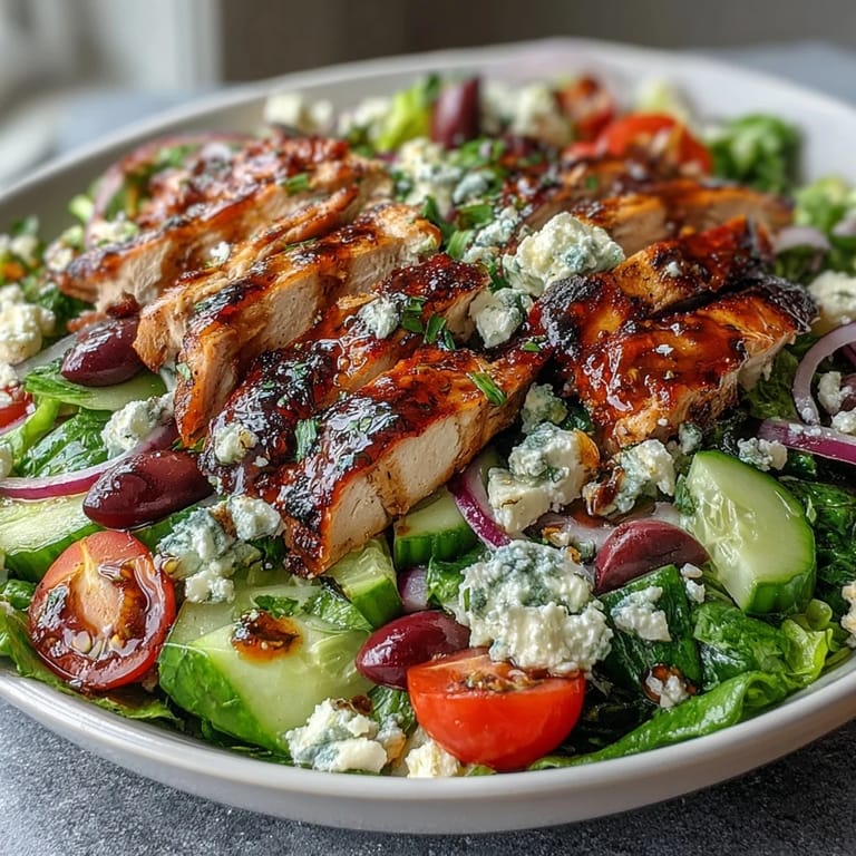 Hearty and healthy Greek salad bowl with succulent grilled chicken, vibrant vegetables, and a light red wine vinaigrette, perfect for summer dining.