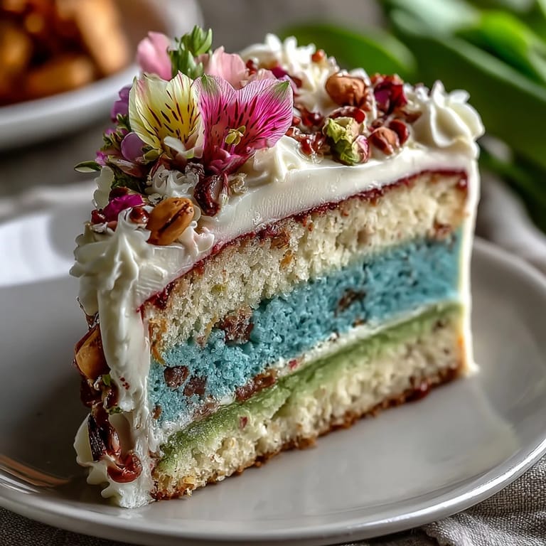 Soft, dreamy pastel ombre cake layers topped with a vibrant edible flower arrangement.