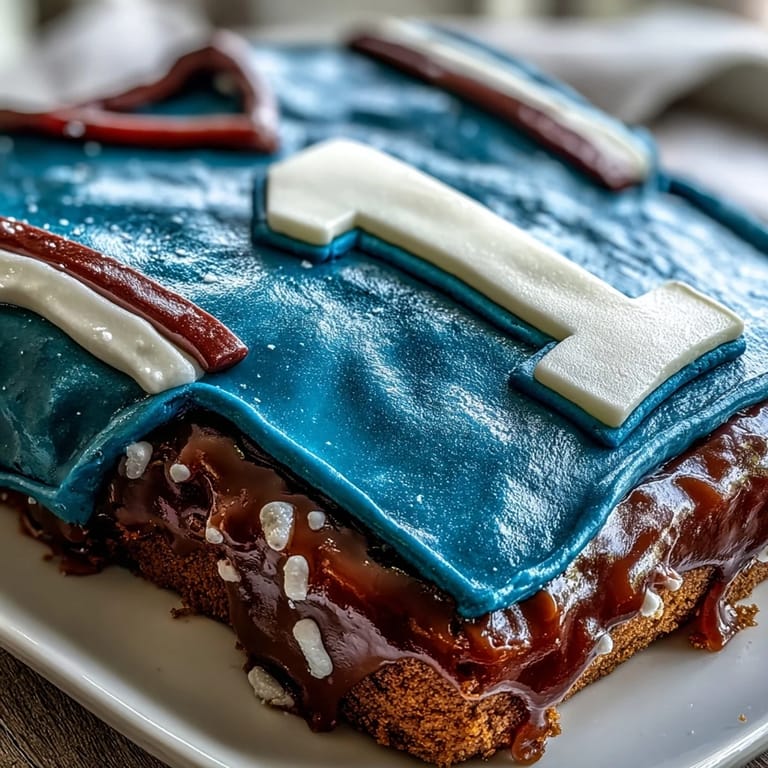 Eye-catching dessert featuring a jersey-shaped cake with personalized name, number, and graduation year in vibrant edible fondant accents.