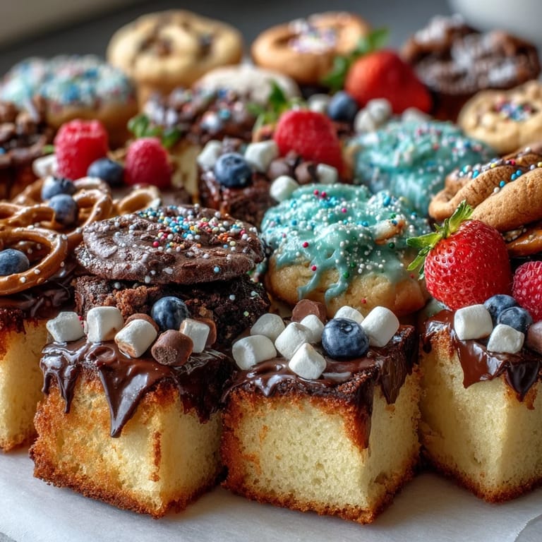 Vibrant grad party dessert spread with colorful berries, chocolate pretzels, and powdered sugar-dusted brownies, ideal for sharing and snacking.