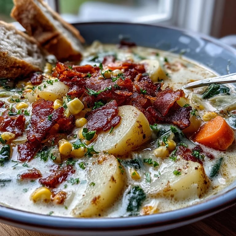 Smoky Cabbage Corn Chowder featuring tender potatoes, sweet corn, and shredded cabbage in a rich, velvety broth.  