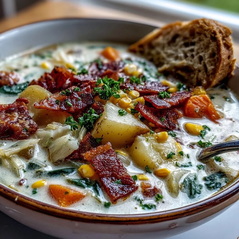 Hearty Cabbage Corn Chowder with smoky bacon, golden potatoes, and sweet corn kernels, garnished with fresh herbs.