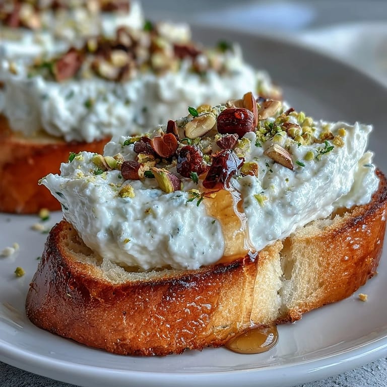 Buttery toasted sourdough topped with fluffy ricotta, honey drizzle, and nutty pistachios for an elegant Italian appetizer.