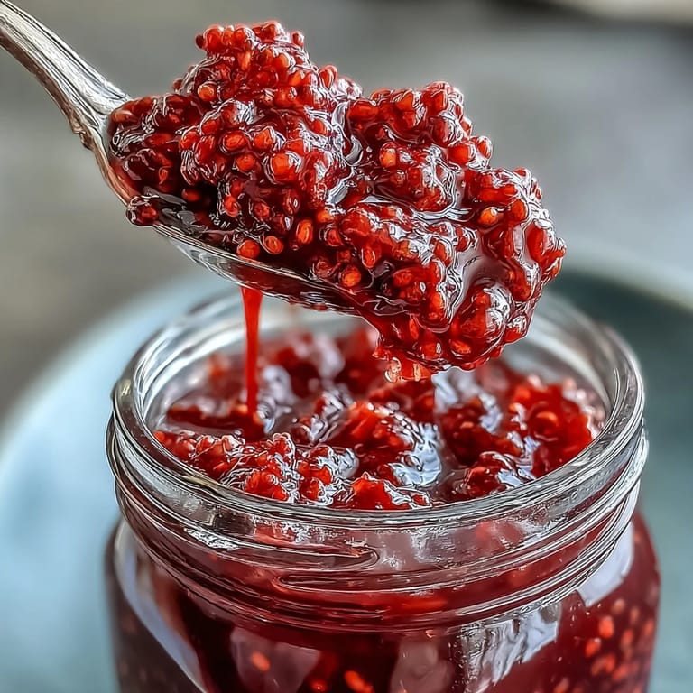 Close-up of homemade raspberry lemon chia jam spread on warm toast, highlighting glossy texture and fresh berry chunks.