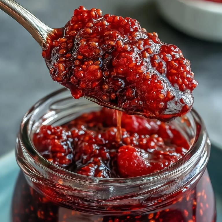 Spoonful of tangy-sweet raspberry lemon chia jam, garnished with fresh raspberries and lemon slices, ready to serve.