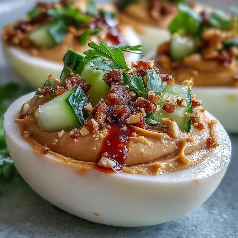 Creamy Thai Peanut Deviled Eggs showcasing a sweet, spicy, nutty filling.
