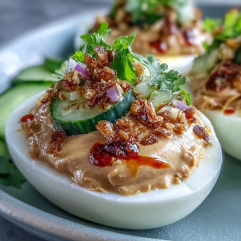 Savory Thai Peanut Deviled Eggs garnished with crunchy peanuts and cilantro.