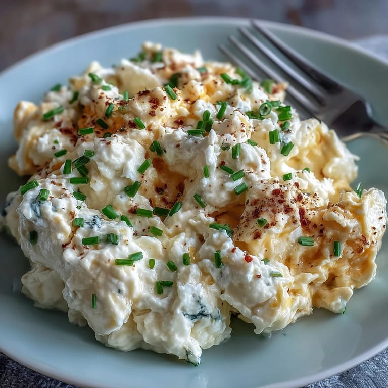 Golden protein-packed cottage cheese scrambled eggs glistening with butter.