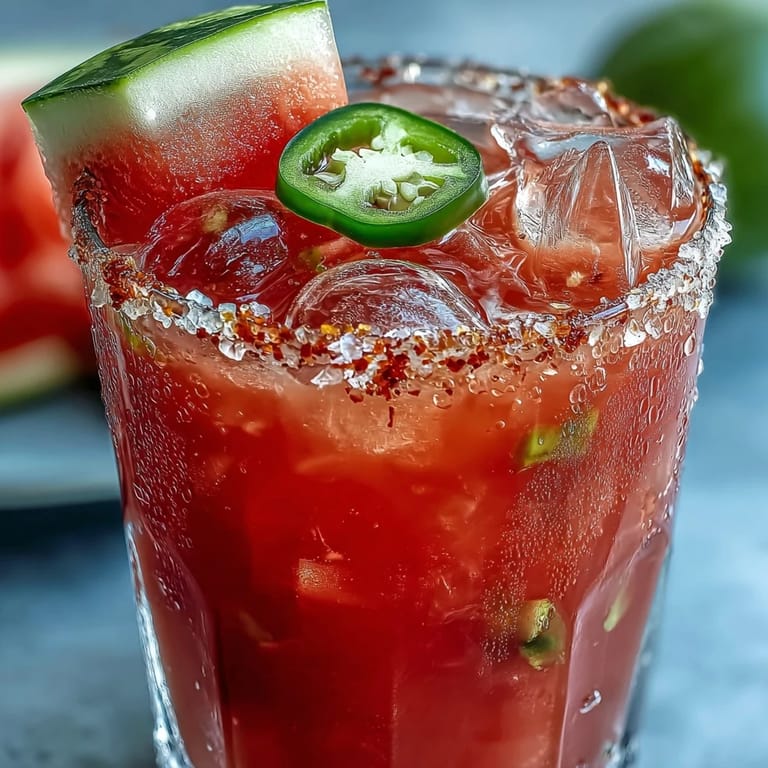 A close-up of a festive, chilled Watermelon Jalapeño Margarita Mocktail, ready to be sipped.