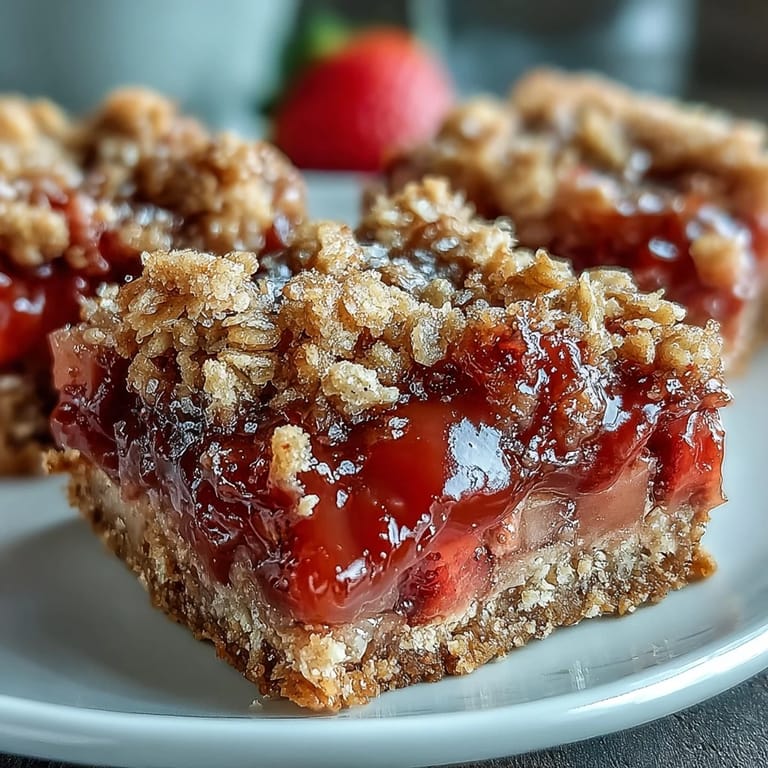 Close-up of a buttery Strawberry Rhubarb Crumble Bar, ready to enjoy.
