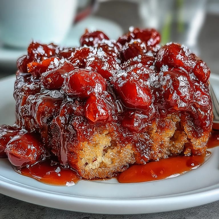 Moist cherry almond upside-down cake with a rich, golden brown topping.