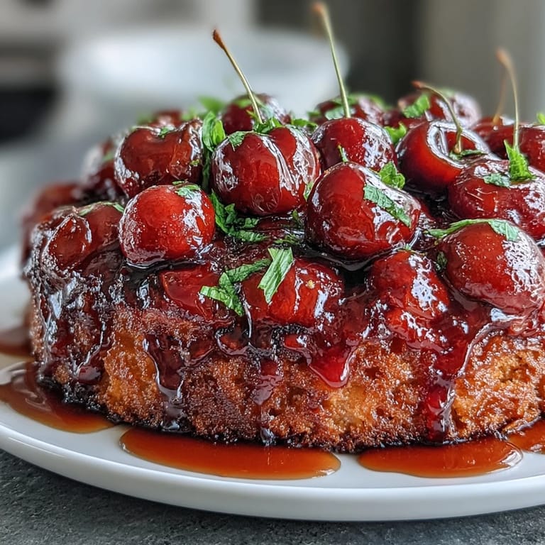 Sweet cherries baked into a delightful upside-down cake, ready to serve.