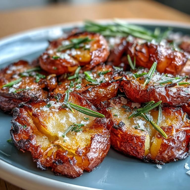 Roasted baby potatoes smashed until crispy and seasoned with garlic, paprika, and parsley.