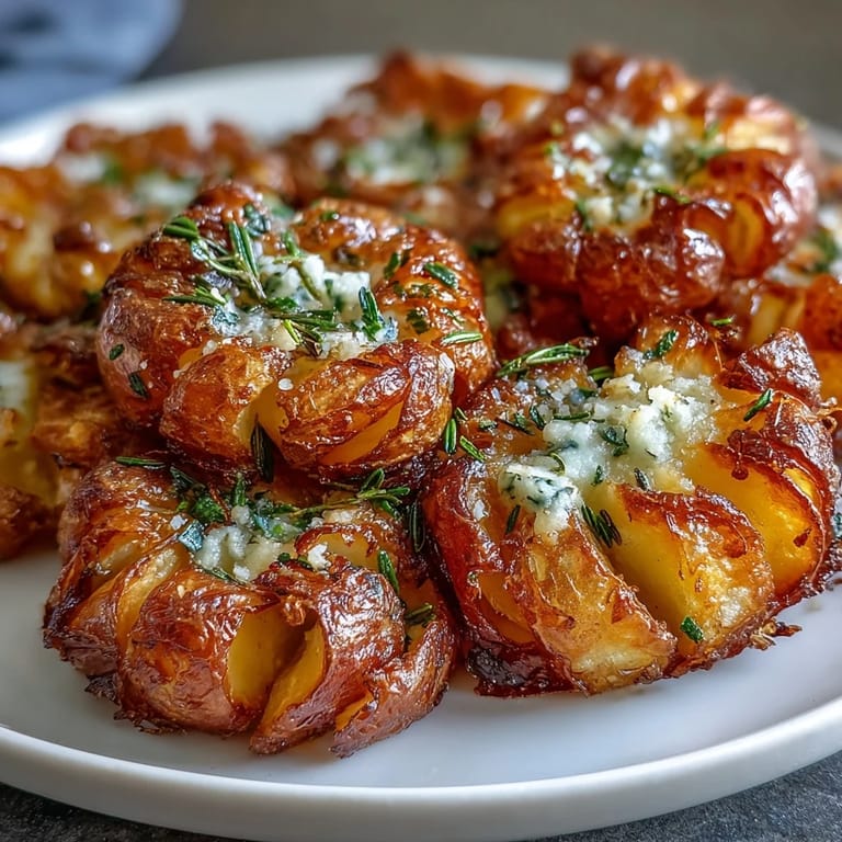 Golden smashed potatoes with crispy edges, roasted to perfection and garnished with fresh herbs.