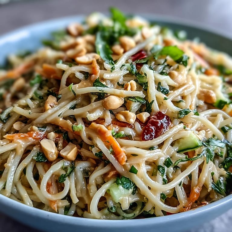 Creamy peanut-lime sauce coats rice noodles, crisp bell peppers, carrots, and cucumbers for a refreshing Thai-inspired salad.  