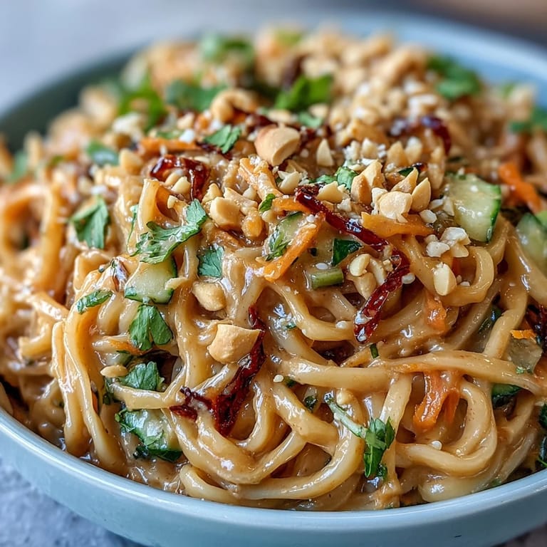 Vibrant Thai peanut noodle salad with crunchy peanuts, cilantro, and vegetables, perfect for a light lunch or dinner side.