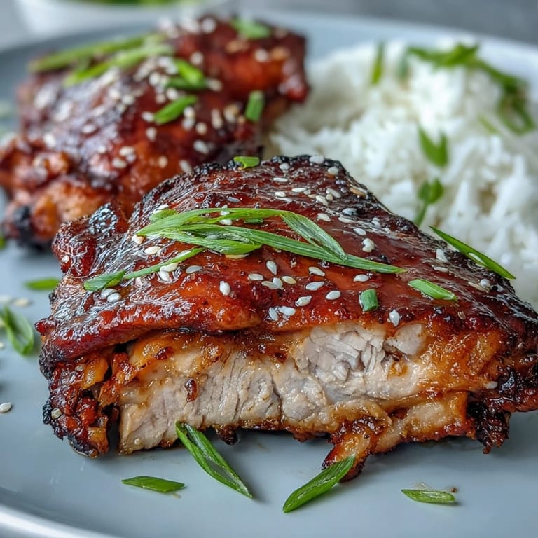 Golden brown chicken thighs coated in a rich soy and honey glaze, garnished with sesame seeds and fresh herbs.