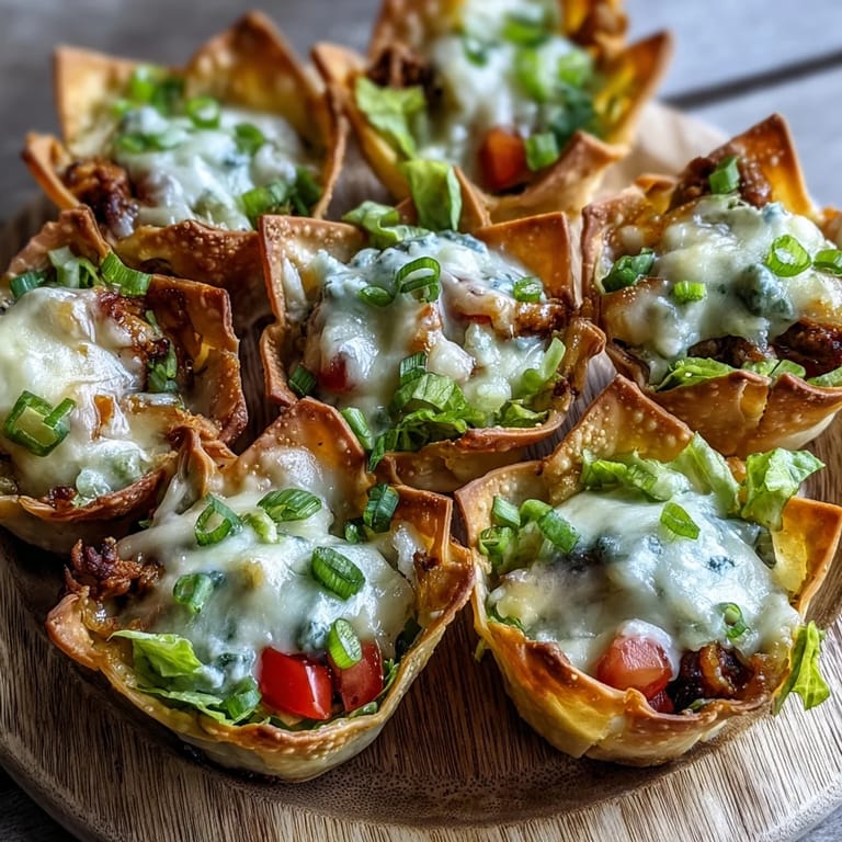 Crispy wonton taco cups topped with melted cheese and fresh garnishes.