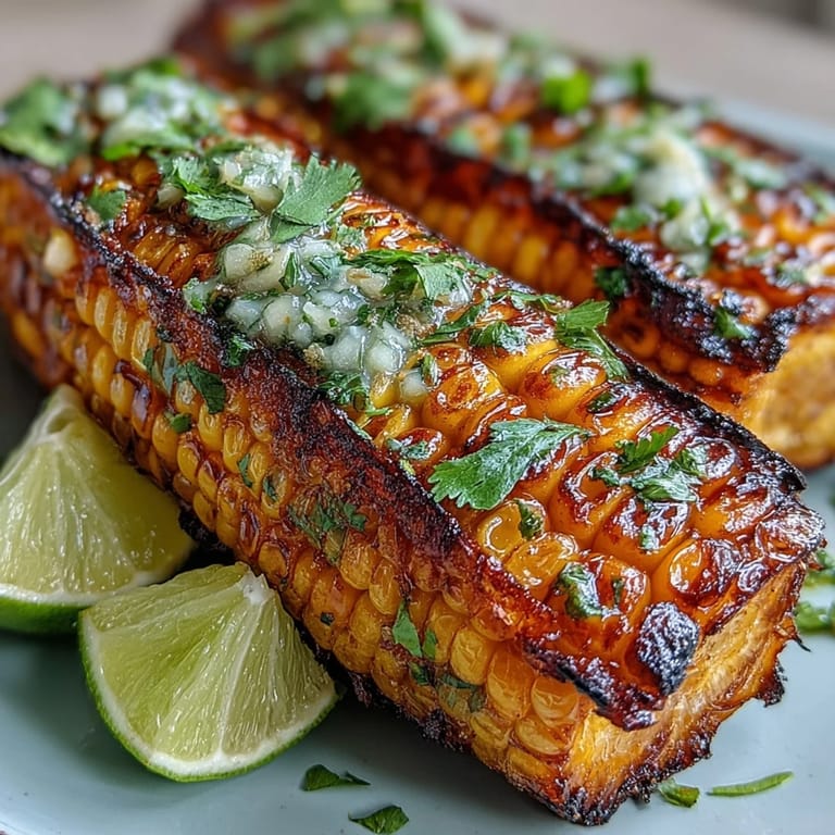 Barbecued corn ribs with bright chili lime butter, perfectly charred and ready to enjoy.