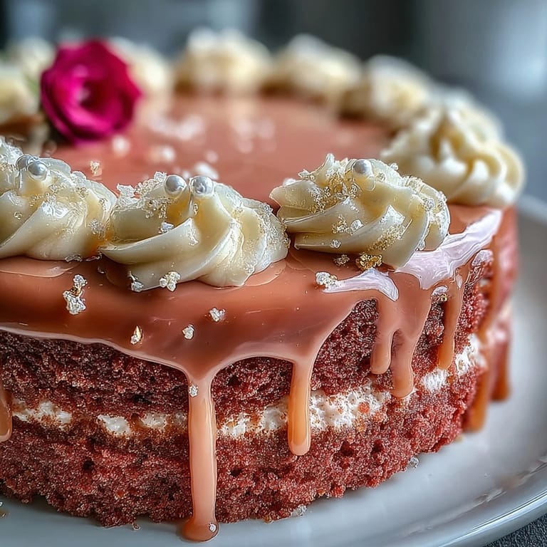 Showstopping Rosé Velvet Cake adorned with a flowing, edible gold drip.