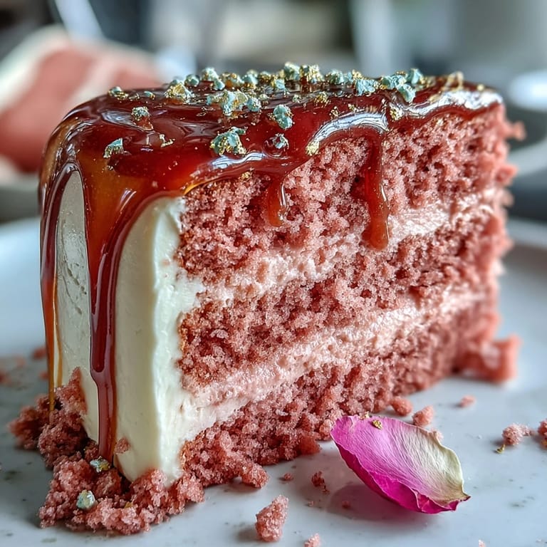Decadent Bridal Shower Rosé Velvet Cake, a visually stunning dessert with edible gold.