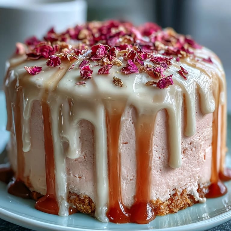 Luscious Rosé Velvet Cake, perfectly frosted with a shimmering edible gold drip.