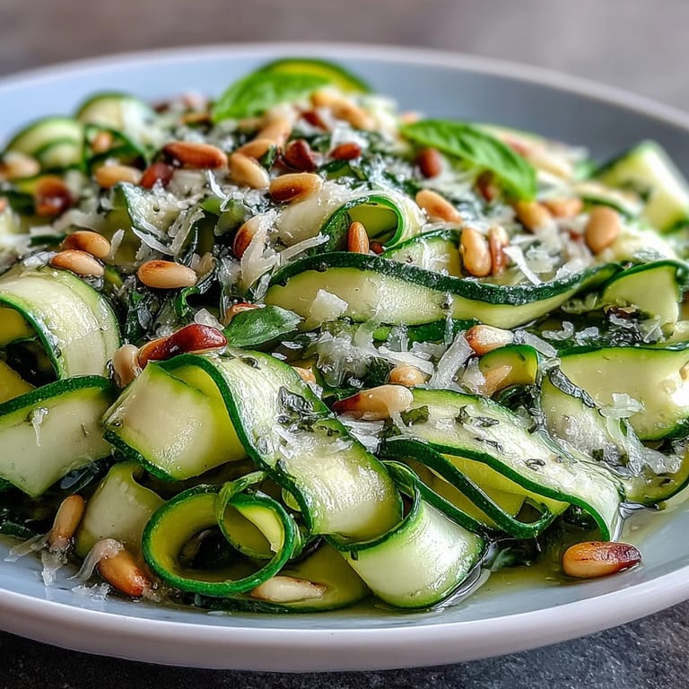 Tender zucchini salad ribbons tossed with bright lemon, Parmesan, perfectly ready to serve.