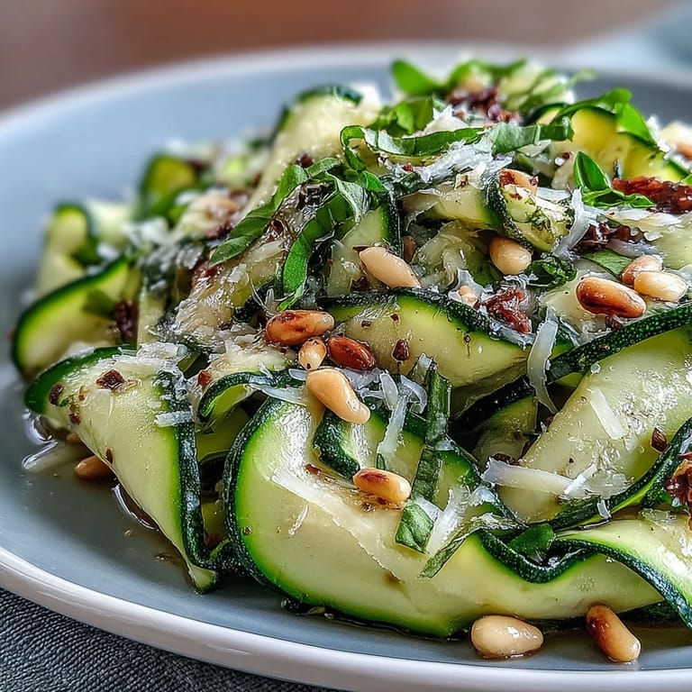 Elegant shaved zucchini salad with citrus zest, green basil, and toasted pine nuts.