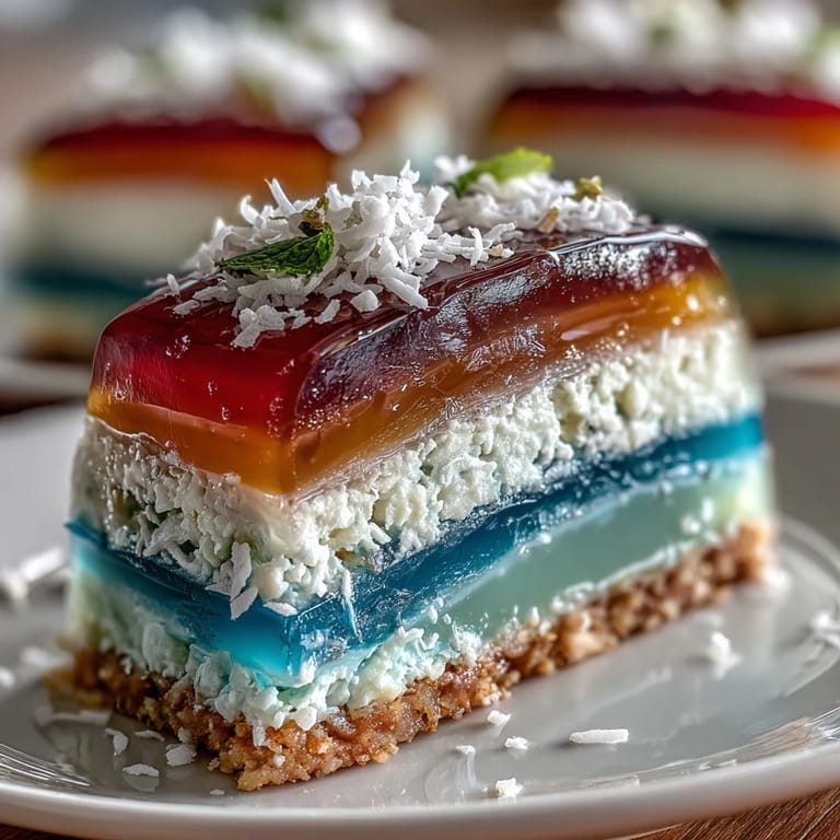 Celebrate with glistening Agar-Agar Rainbow Jelly Cake, a sweet, fruity delight.