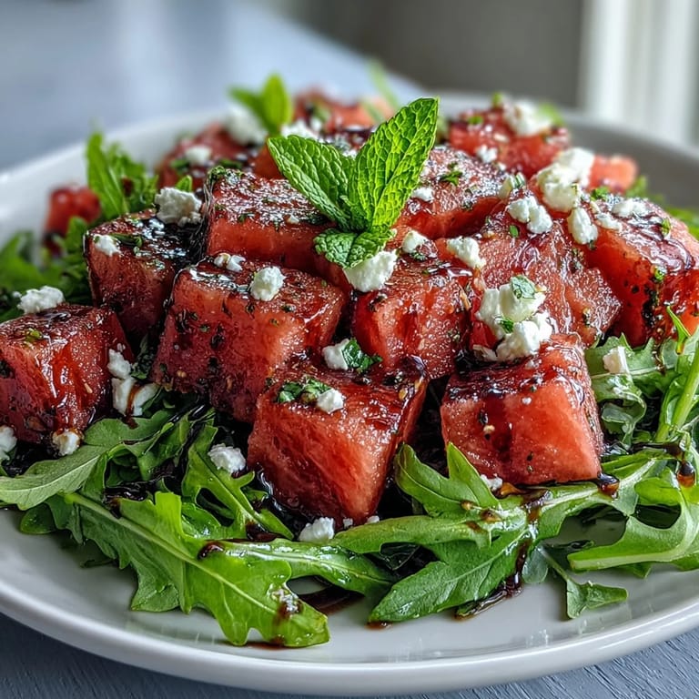 Refreshing watermelon feta arugula salad, drizzled with sweet balsamic reduction, ready to serve.