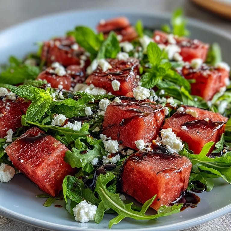 Colorful watermelon feta arugula salad, a delightful balance of sweet, savory, and peppery flavors.