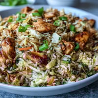 Golden-brown Egg Roll Fried Rice with Chicken is stir-fried with crisp cabbage, carrots, and fluffy scrambled eggs in a savory sauce.