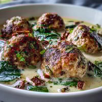Creamy Tuscan Turkey Meatball Soup steaming in a bowl, topped with fresh basil and extra Parmesan.