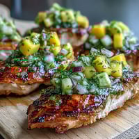 Grilled Chicken with Mango Avocado Salsa on a plate, juicy slices topped with creamy avocado chunks and sweet mango.