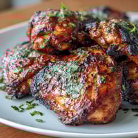 Tandoori Chicken thighs marinated in spiced yogurt and roasted to a smoky, charred finish, served with lemon wedges.