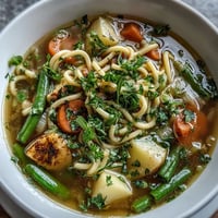 A steaming bowl of Simple Vegetable Noodle Soup filled with colorful seasonal vegetables and tender egg noodles.  